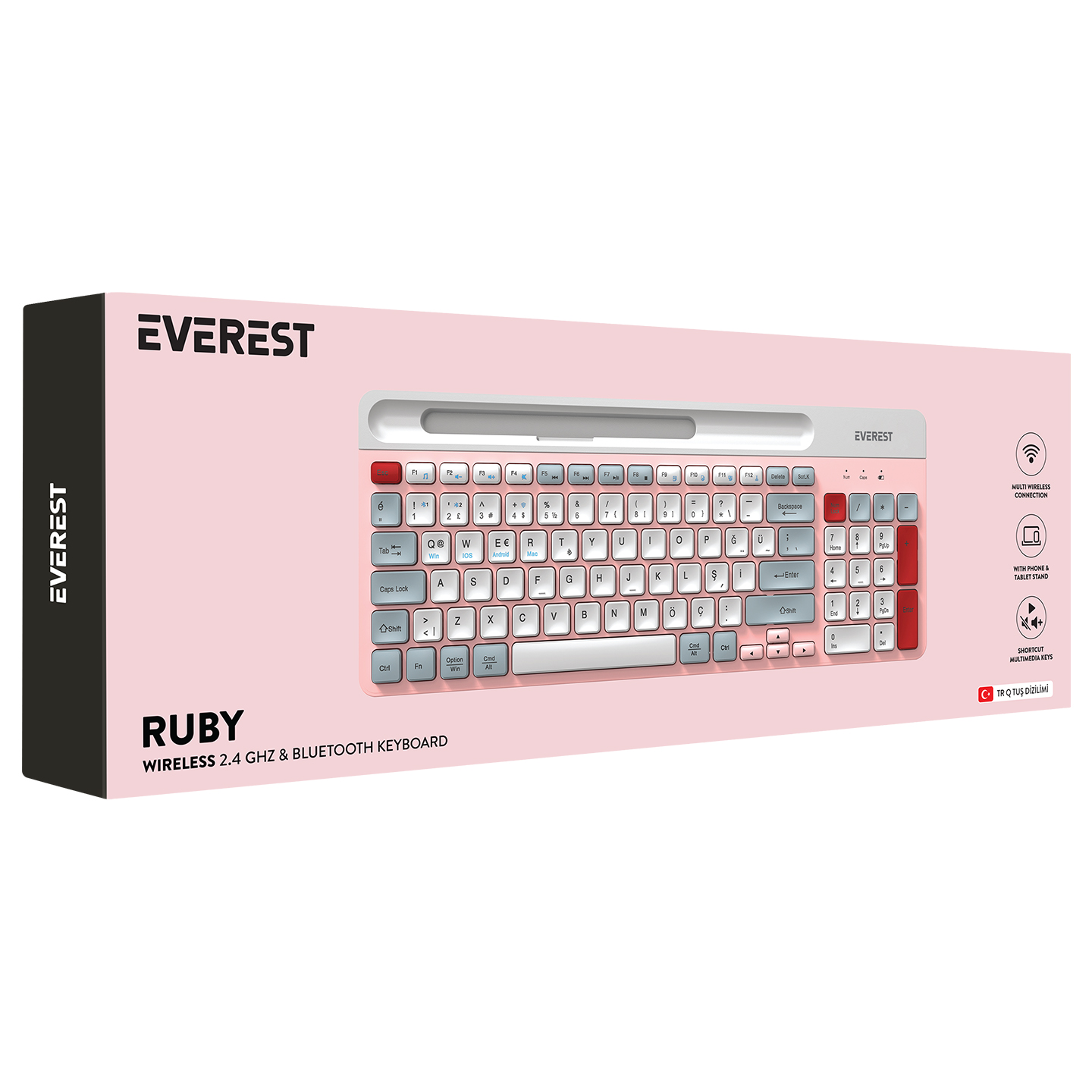 Everest KB-88 RUBY Pembe/Beyaz/Gri 2.4G+BT1+BT2 Çoklu Cihaz Bağlantılı Q Kablosuz klavye - Görsel 2